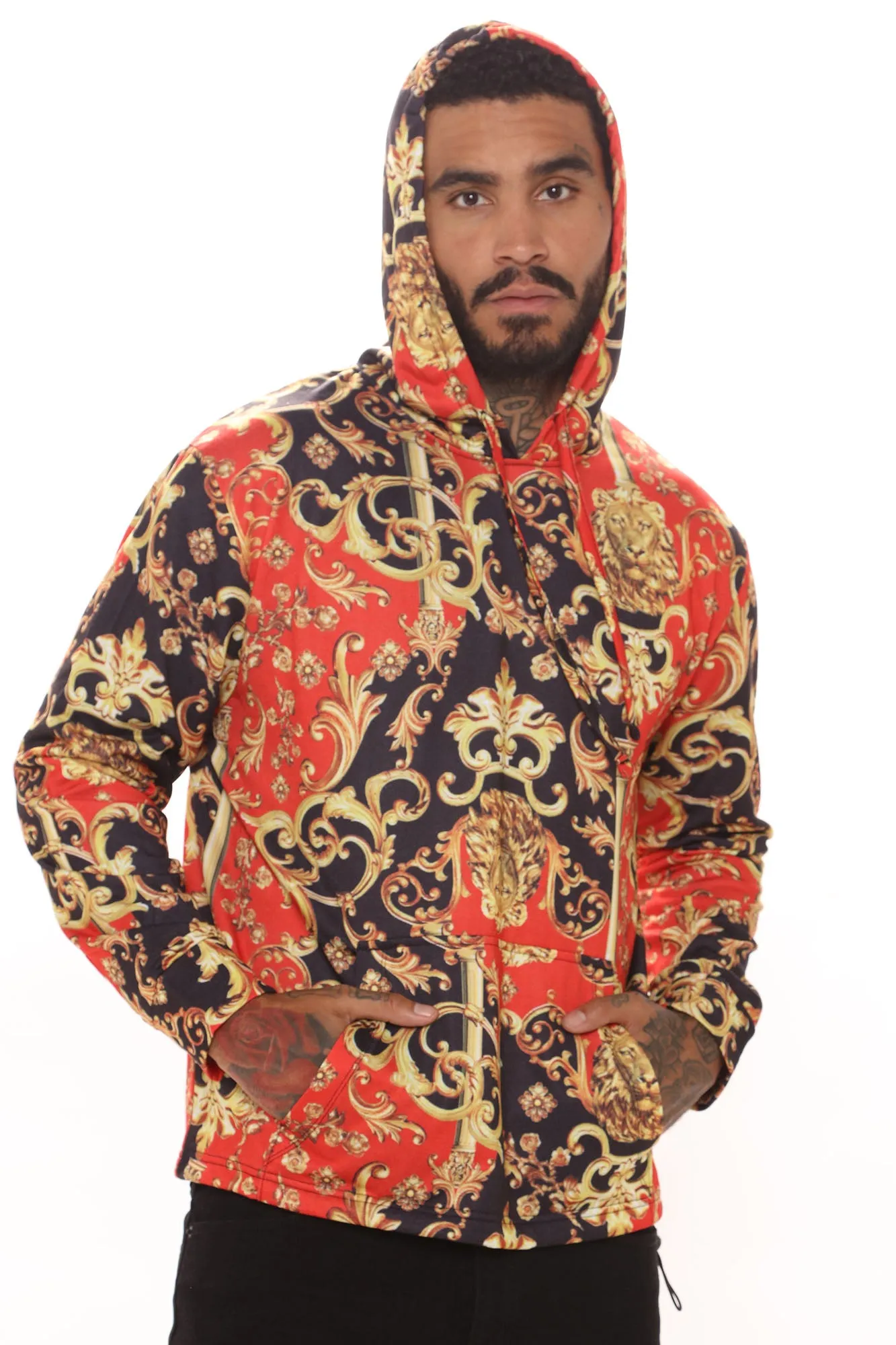 Baroque Print Hoodie - Red/combo