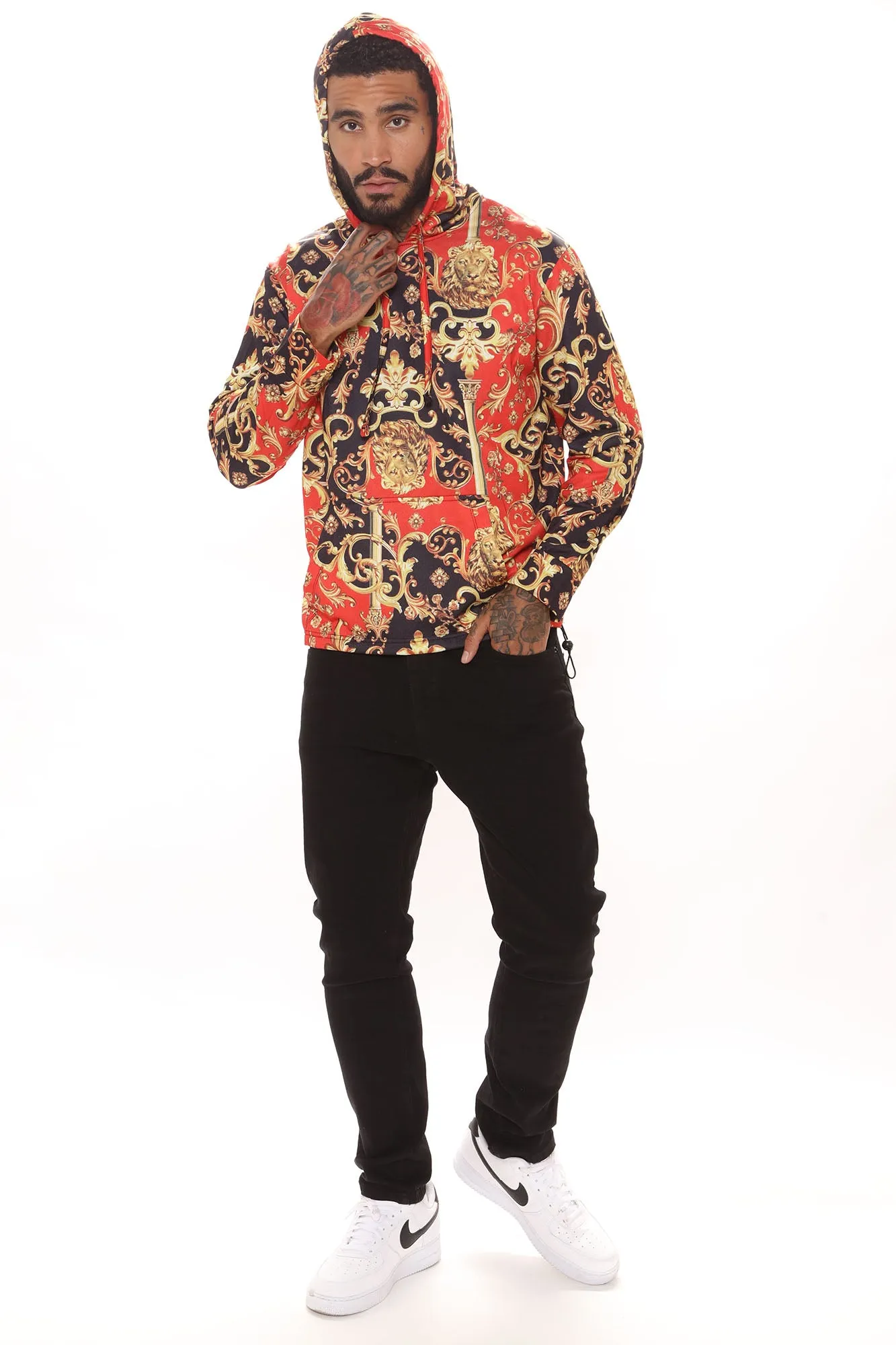 Baroque Print Hoodie - Red/combo