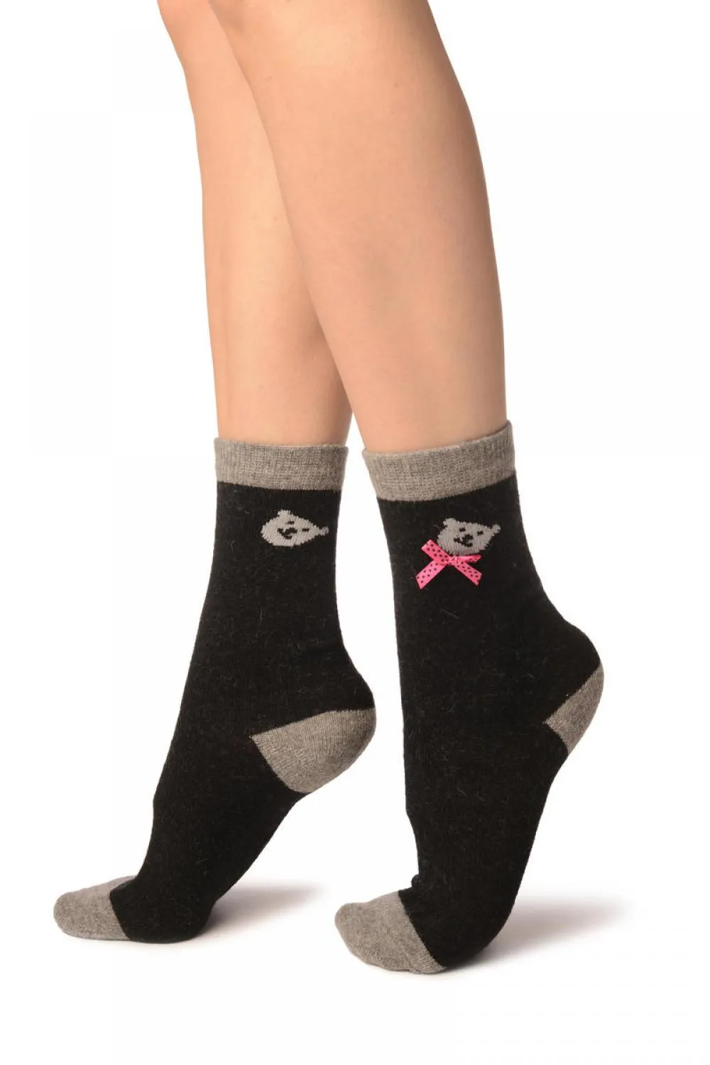 Black With Cute Bear & Satin Bow Angora Ankle High Socks