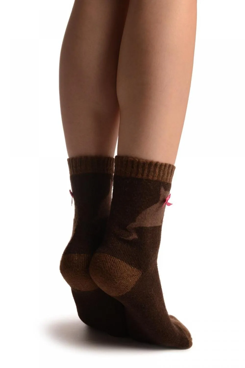 Brown With Cute Cat & Satin Bow Angora Ankle High Socks