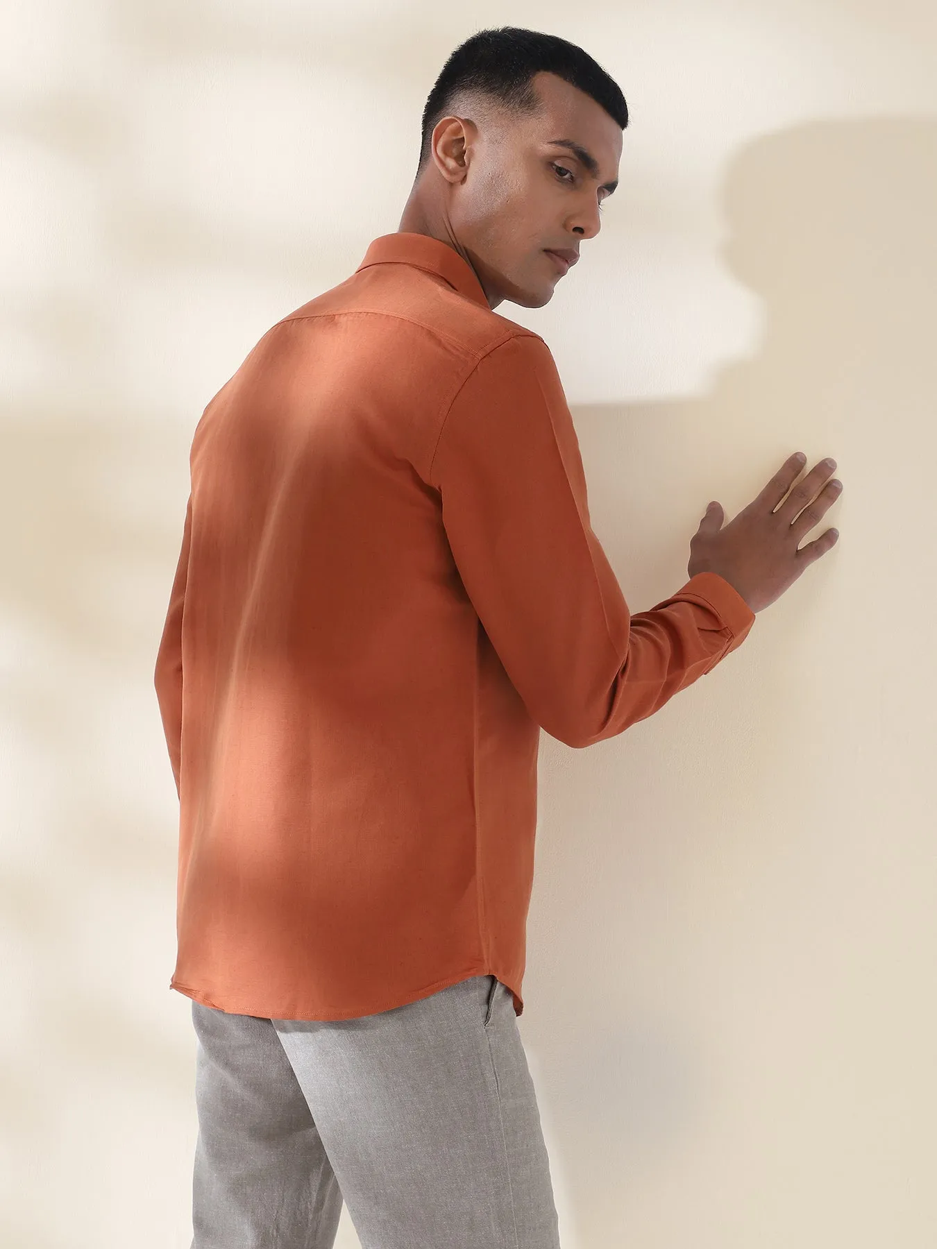 Cotton Linen Orange Plain Full Sleeve Formal Shirt