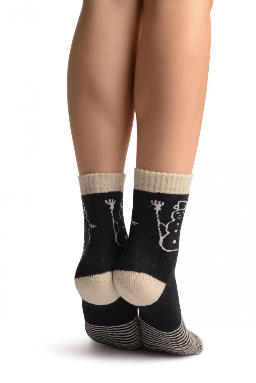 Dark Blue With Thing Stripes & Snowman Angora Ankle High Socks