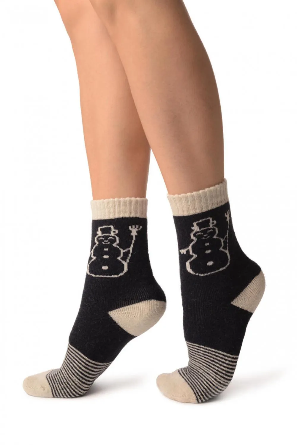 Dark Blue With Thing Stripes & Snowman Angora Ankle High Socks