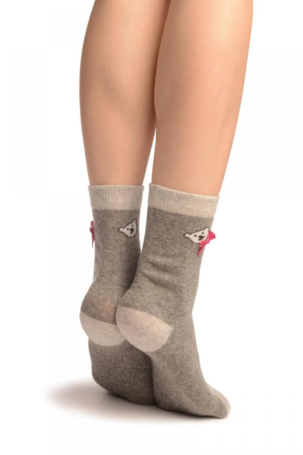 Grey With Cute Bear & Satin Bow Angora Ankle High Socks