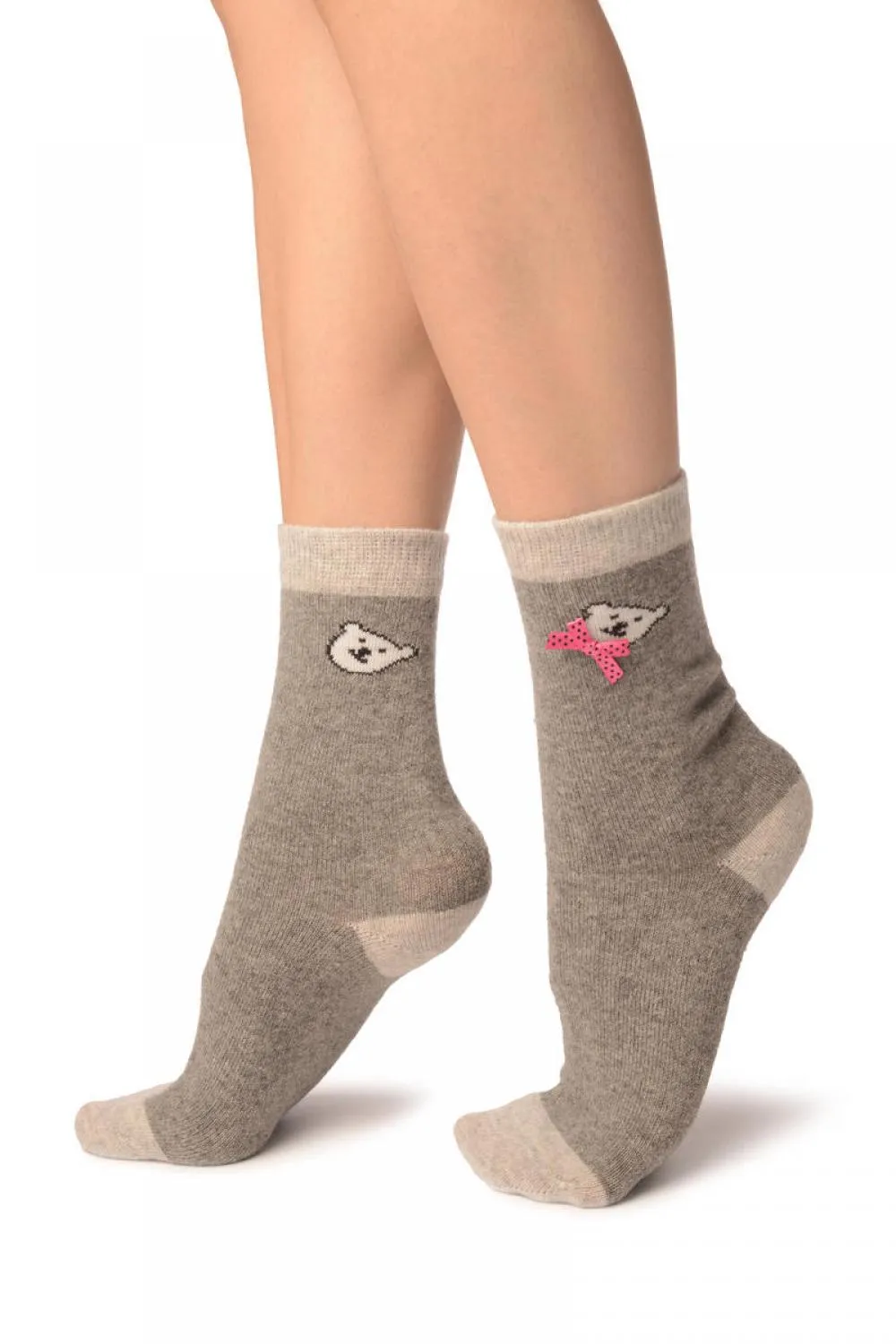 Grey With Cute Bear & Satin Bow Angora Ankle High Socks