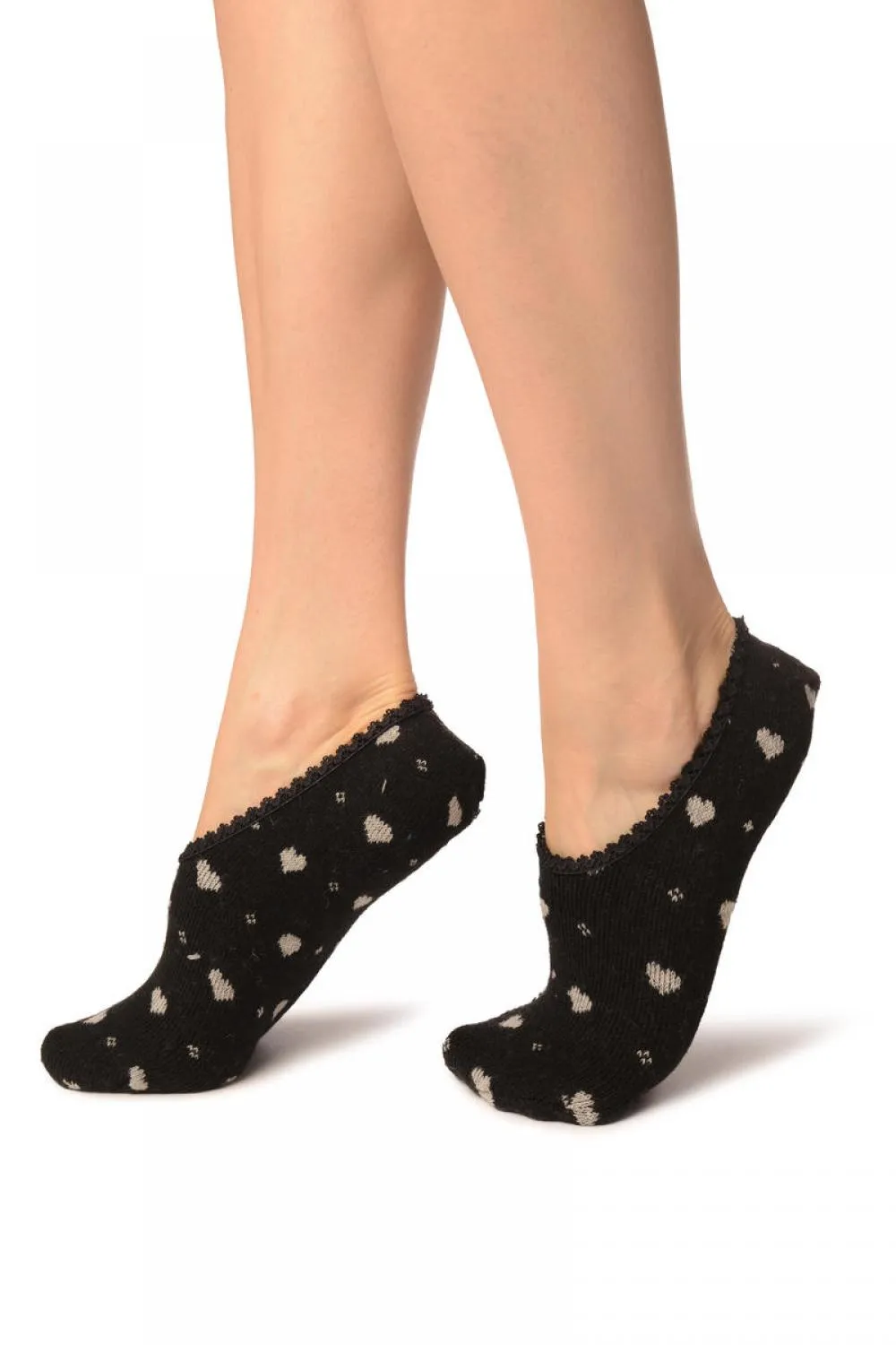 Hearts On Black With Lace Trim Angora Footies Socks