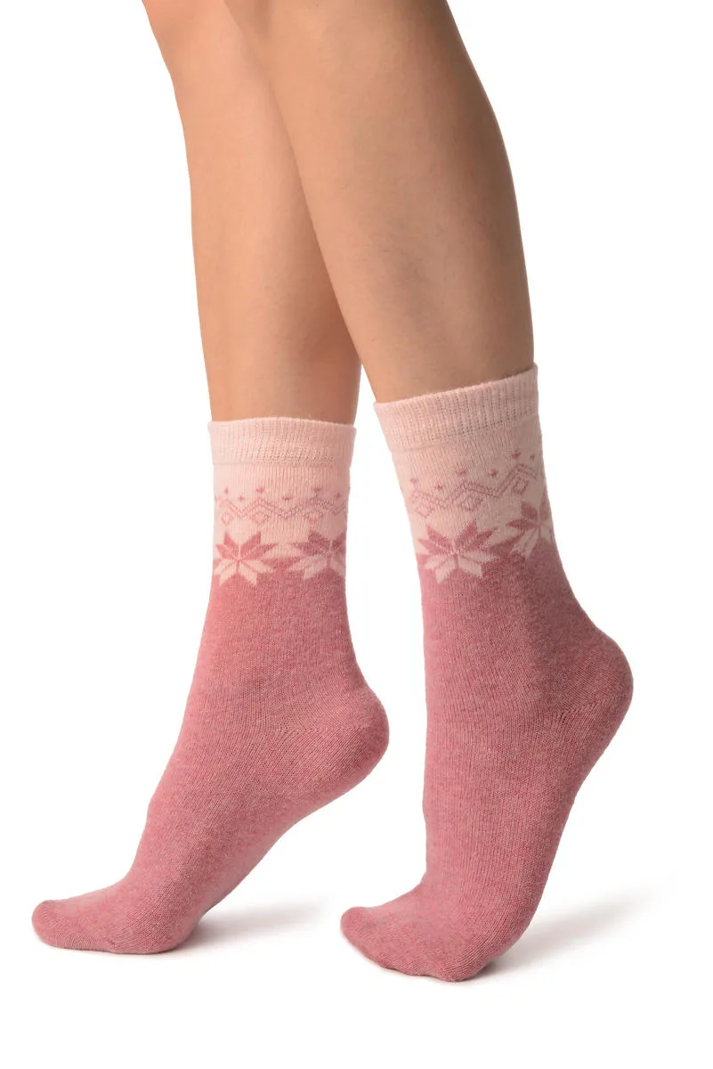 Pink Duo With Snowflakes Angora Ankle High Socks