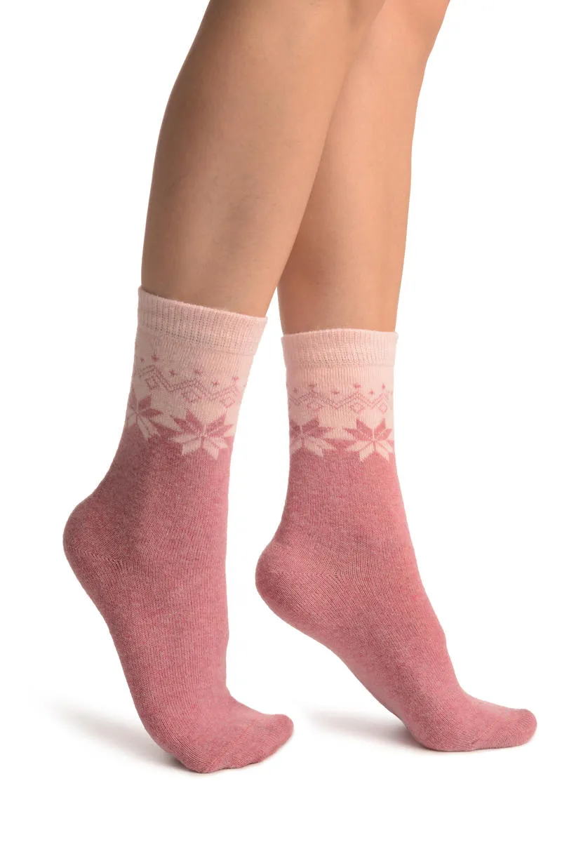 Pink Duo With Snowflakes Angora Ankle High Socks