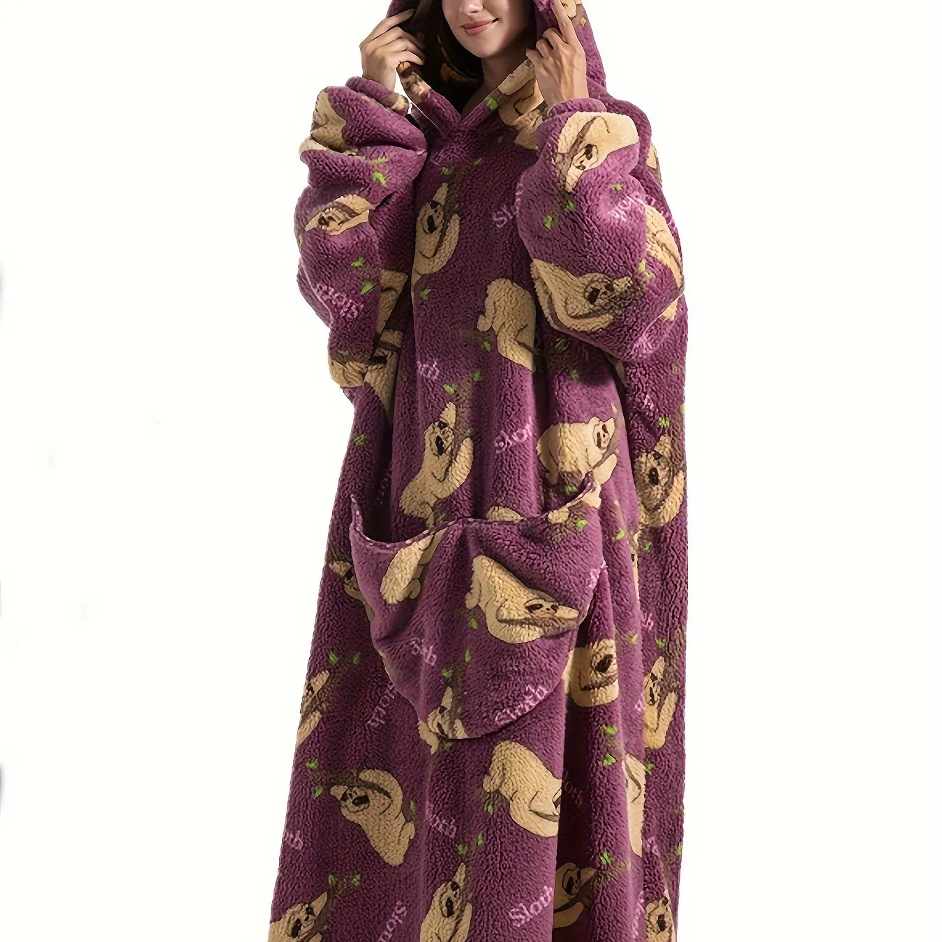 Plus Size Cute Nightgown, Women's Plus Puppy Print Long Sleeve Cozy Flannel Hooded Wearable Blanket With Pockets