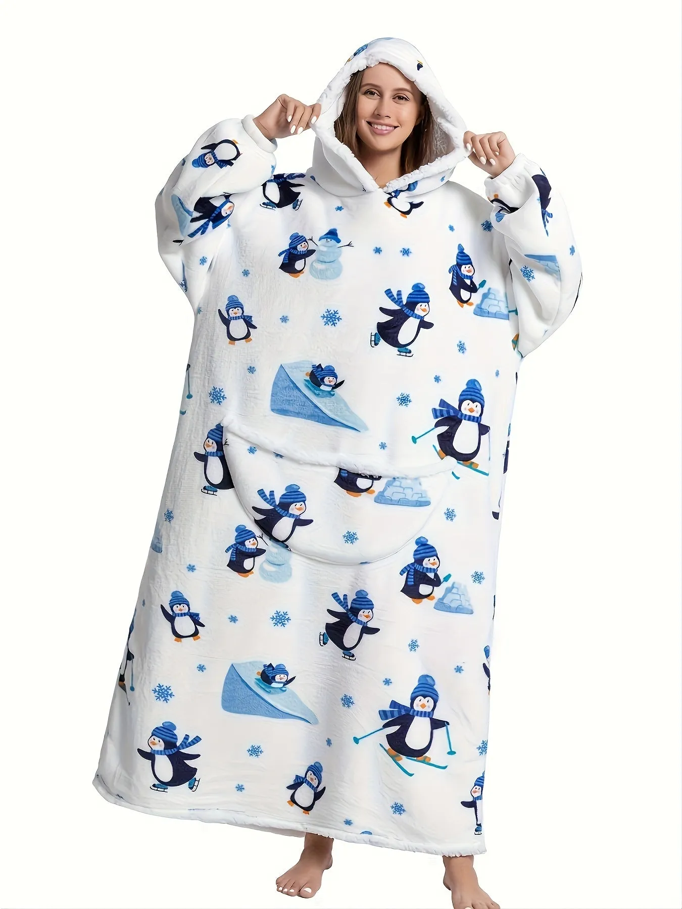 Plus Size Cute Nightgown, Women's Plus Puppy Print Long Sleeve Cozy Flannel Hooded Wearable Blanket With Pockets