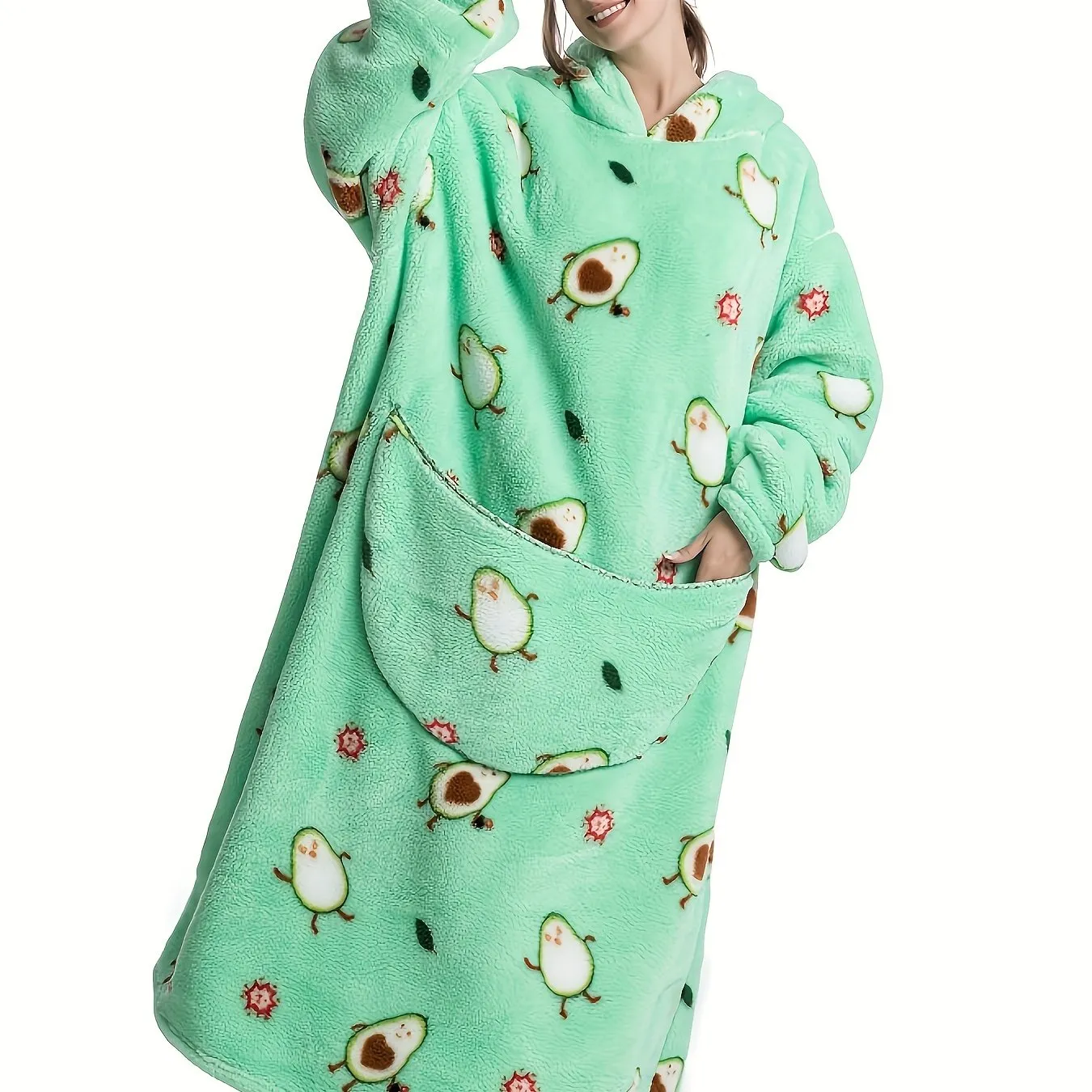 Plus Size Cute Nightgown, Women's Plus Puppy Print Long Sleeve Cozy Flannel Hooded Wearable Blanket With Pockets