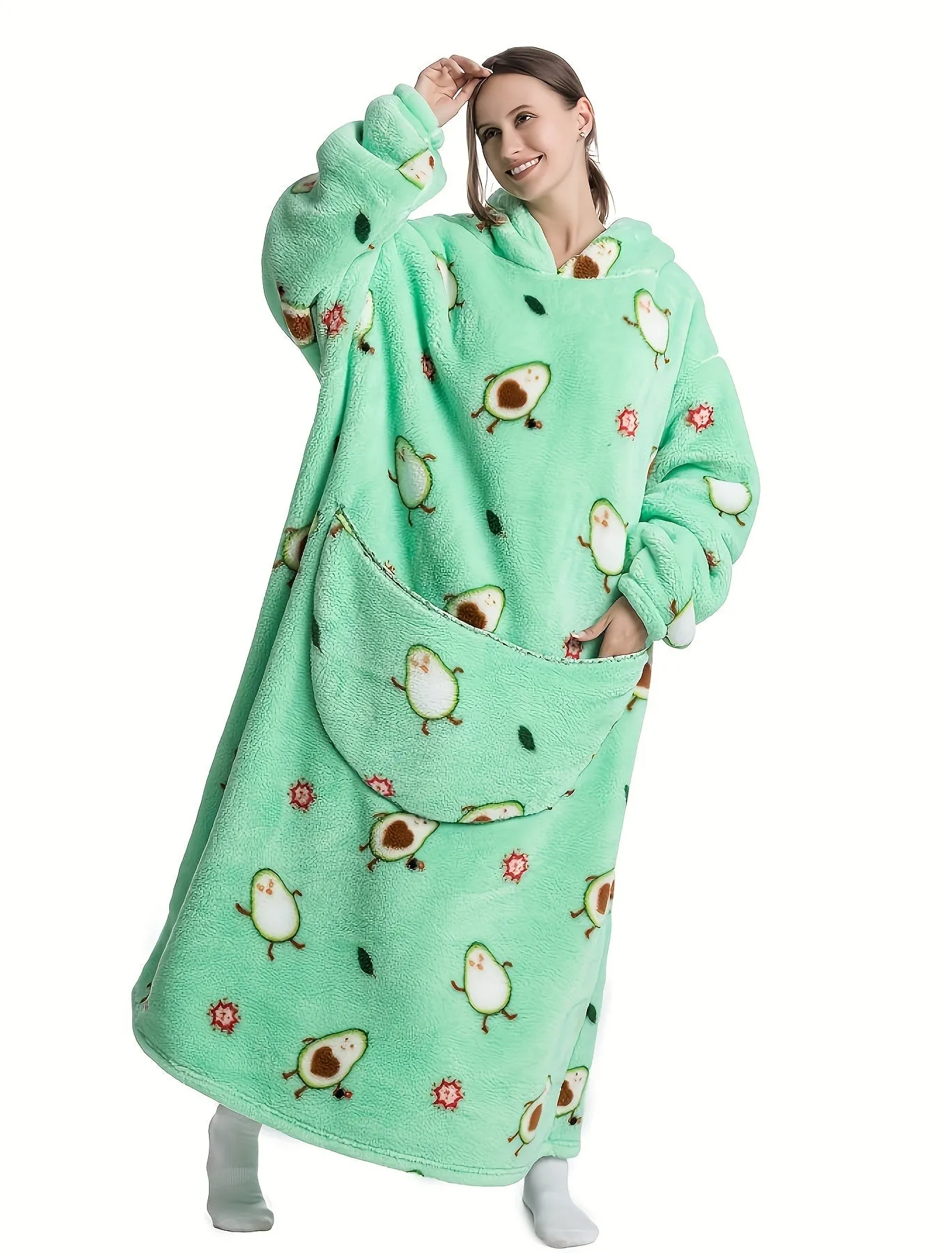 Plus Size Cute Nightgown, Women's Plus Puppy Print Long Sleeve Cozy Flannel Hooded Wearable Blanket With Pockets