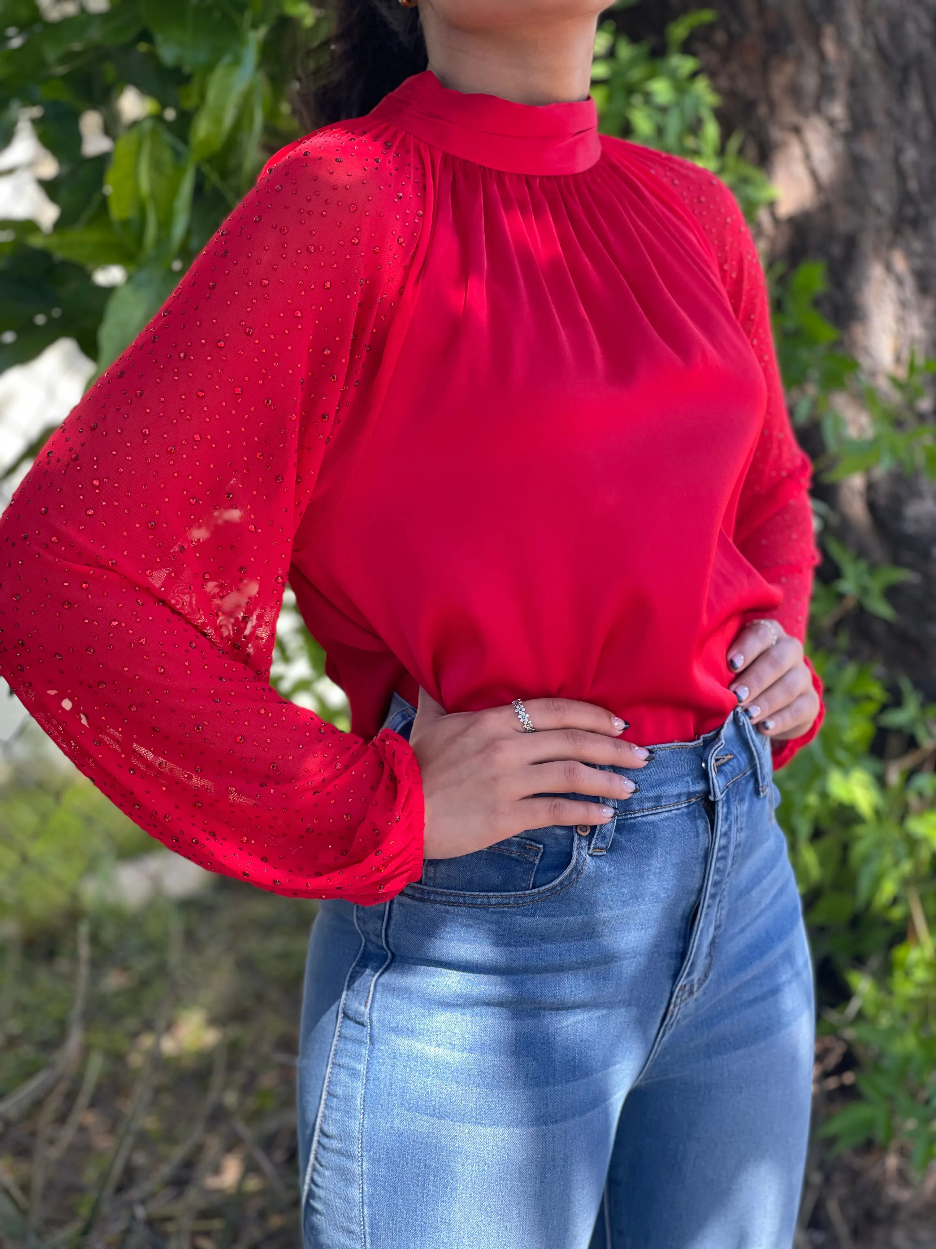 Red Rhinestones Blouse