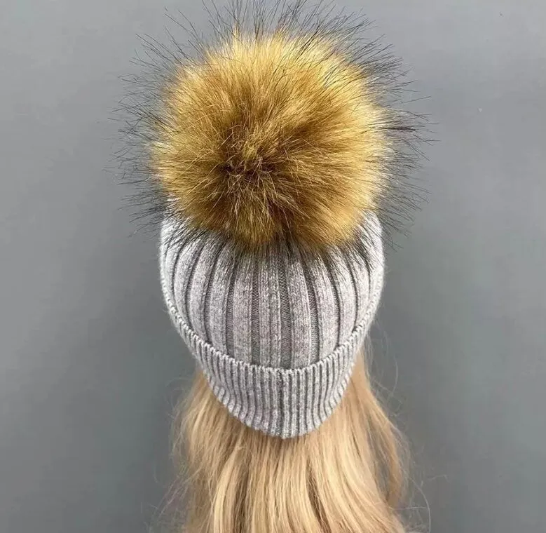 Ribbed Knit Cashmere/Angora Faux Fur Bobble Hat